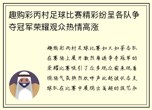 趣购彩丙村足球比赛精彩纷呈各队争夺冠军荣耀观众热情高涨