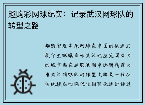 趣购彩网球纪实：记录武汉网球队的转型之路