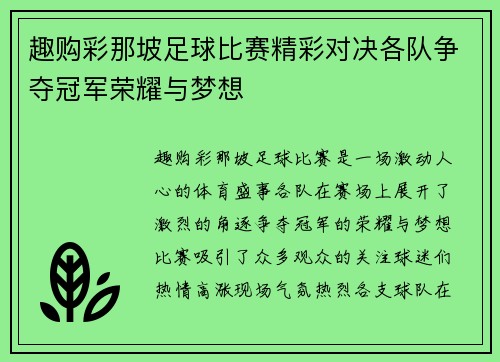 趣购彩那坡足球比赛精彩对决各队争夺冠军荣耀与梦想