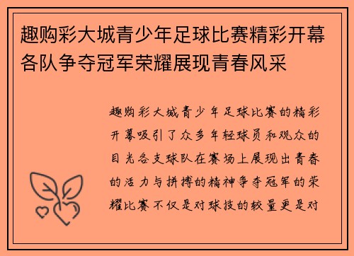 趣购彩大城青少年足球比赛精彩开幕各队争夺冠军荣耀展现青春风采