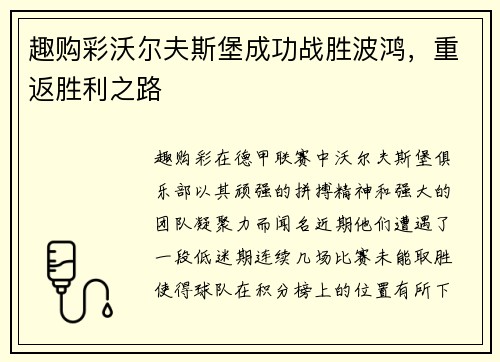 趣购彩沃尔夫斯堡成功战胜波鸿，重返胜利之路