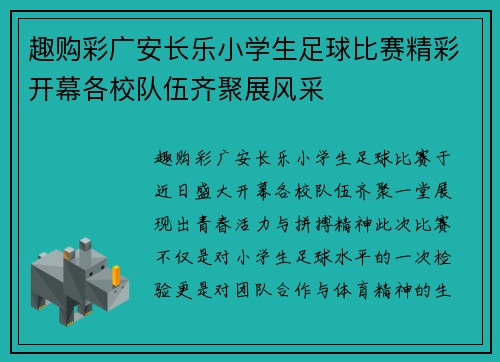 趣购彩广安长乐小学生足球比赛精彩开幕各校队伍齐聚展风采