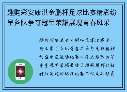 趣购彩安康洪金鹏杯足球比赛精彩纷呈各队争夺冠军荣耀展现青春风采