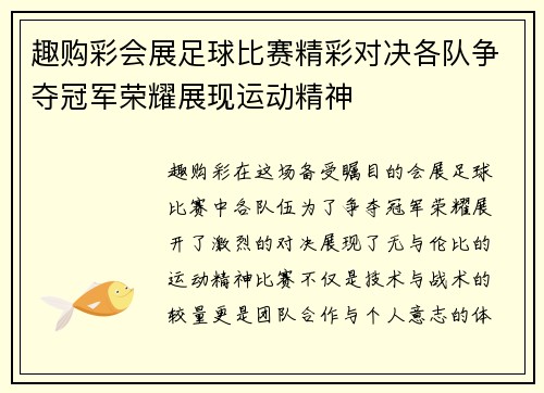 趣购彩会展足球比赛精彩对决各队争夺冠军荣耀展现运动精神